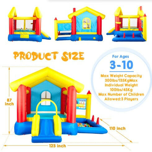 8 In 1 Inflatable Bounce House With Blower Basketball Hoop Ocean Balls Ring-toss Game Target And Sticky Ball Game For Kids.