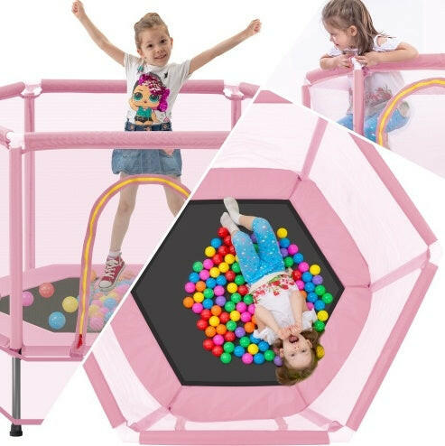 55'' Toddlers Trampoline With Safety Enclosure Net And Balls, Indoor Outdoor Mini Trampoline For Kids.