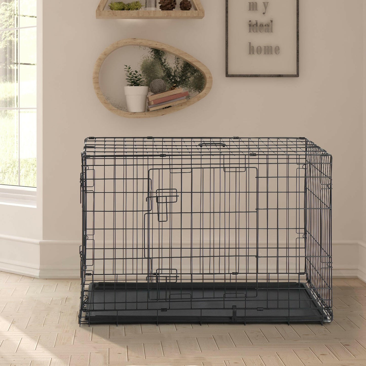 36 Inch Iron Foldable With Divider Plastic Tray Black Dog And Cat Cage.