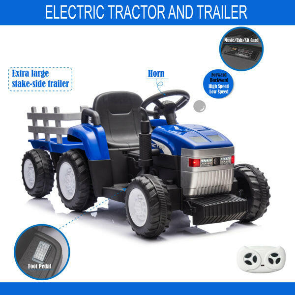 Blue, 12V7AH Battery Powered Toy Tractor With Trailer.