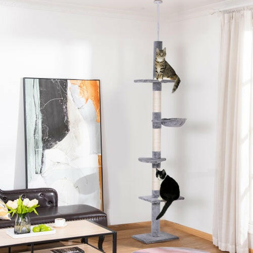 9 Foot Adjustable Height Floor To Ceiling Vertical Cat Tree - Grey And White.