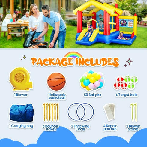 8 In 1 Inflatable Bounce House With Blower Basketball Hoop Ocean Balls Ring-toss Game Target And Sticky Ball Game For Kids.