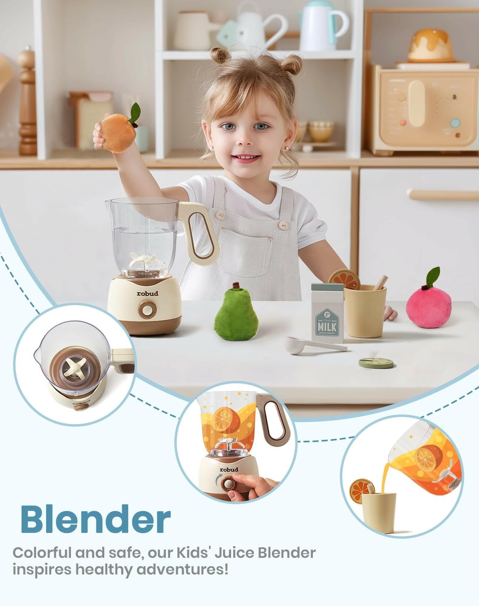 ROBOTIME Wooden Pretend Play Kitchen Playset Food Set With Bread Maker Juicer.