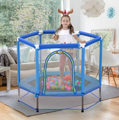 55'' Toddlers Trampoline With Safety Enclosure Net And Balls, Indoor Outdoor Mini Trampoline For Kids.