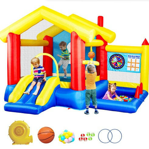 8 In 1 Inflatable Bounce House With Blower Basketball Hoop Ocean Balls Ring-toss Game Target And Sticky Ball Game For Kids.