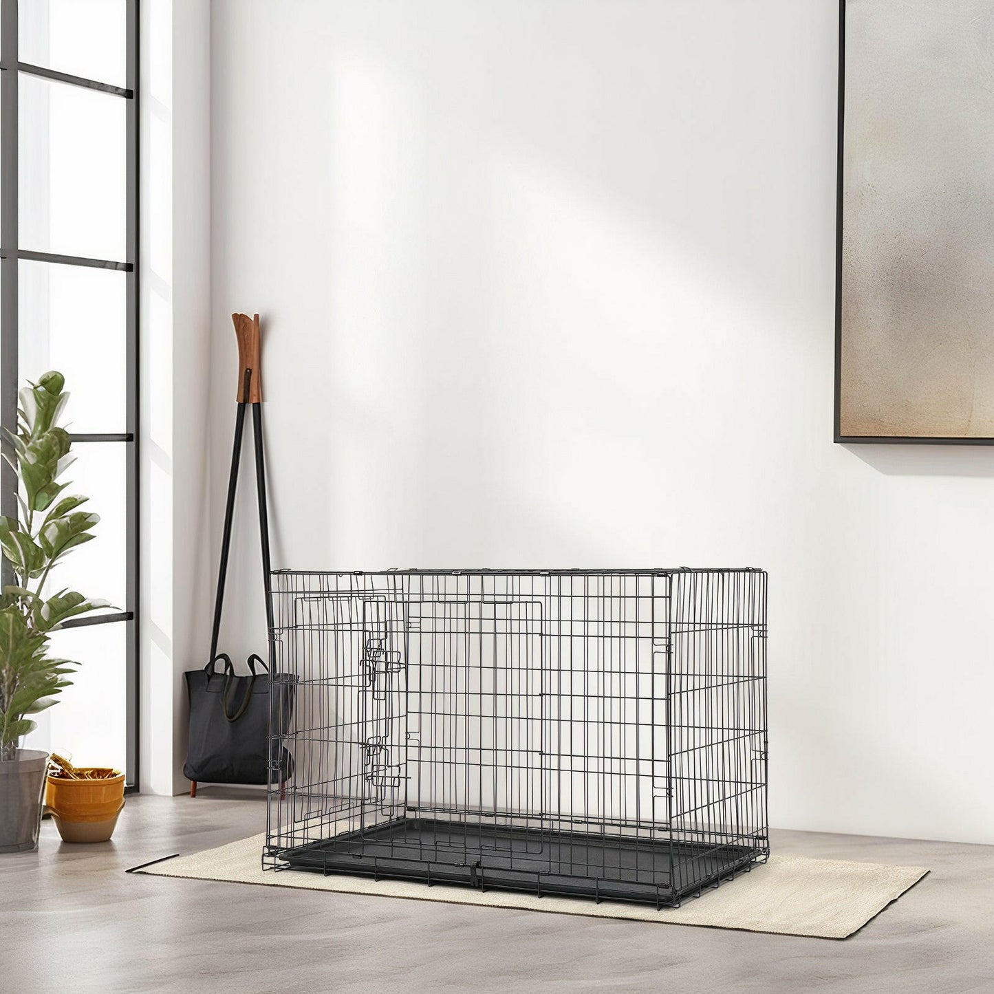 36 Inch Iron Foldable With Divider Plastic Tray Black Dog And Cat Cage.