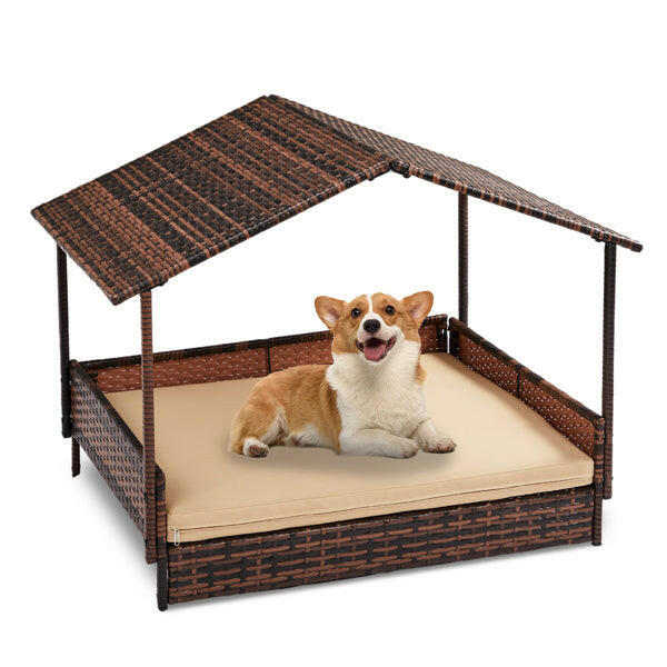 Herringbone Top Brown Gradient Rattan Beige Mat Cat And Dog House.