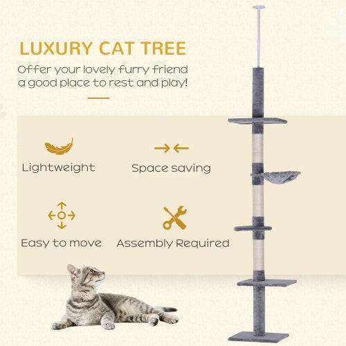 9 Foot Adjustable Height Floor To Ceiling Vertical Cat Tree - Grey And White.