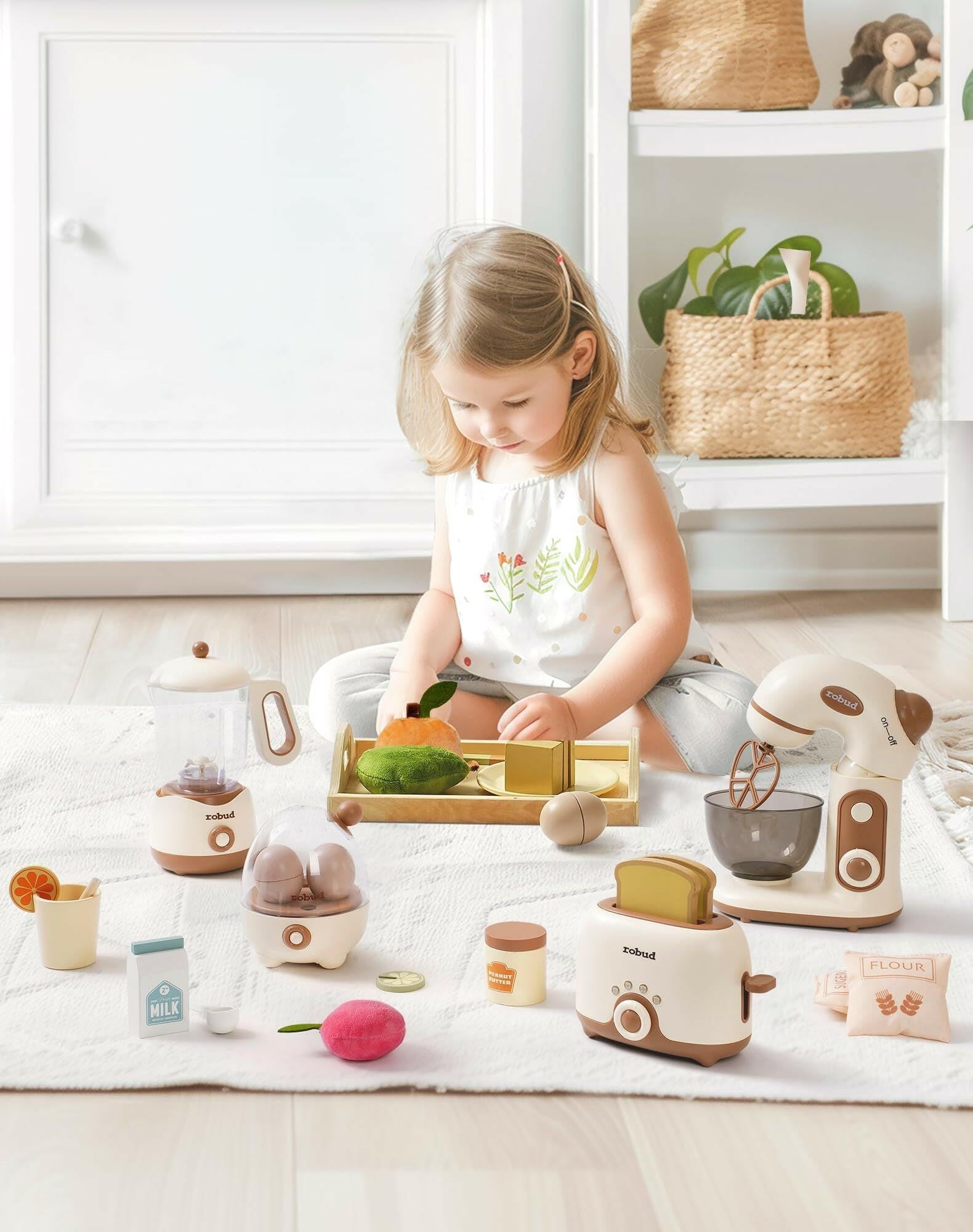 ROBOTIME Wooden Pretend Play Kitchen Playset Food Set With Bread Maker Juicer.