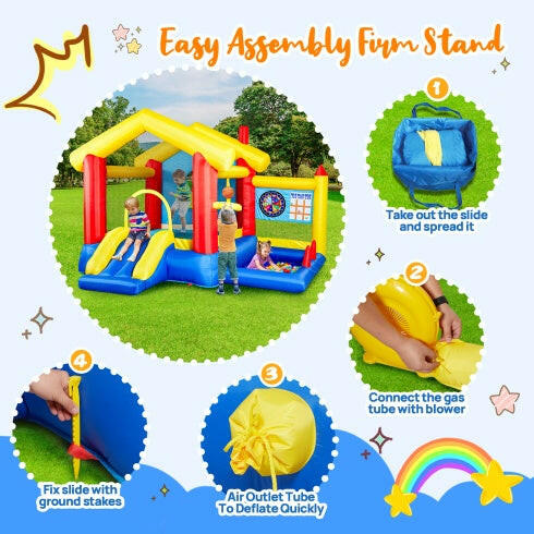 8 In 1 Inflatable Bounce House With Blower Basketball Hoop Ocean Balls Ring-toss Game Target And Sticky Ball Game For Kids.