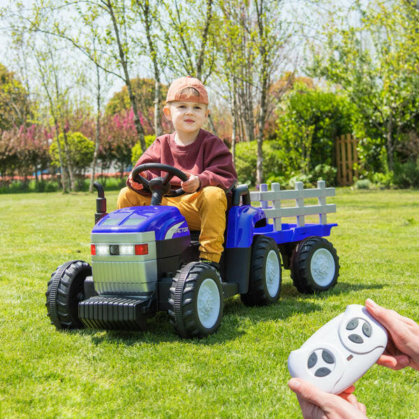 Blue, 12V7AH Battery Powered Toy Tractor With Trailer.