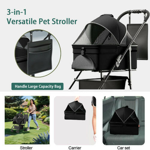 2 In 1 Folding Dog Stroller, Pet Folding Stroller, 4 Wheels Dog Cat Puppy Stroller W  Removable Travel Carrier For Small  Medium Pet, Waterproof Pad, Car Seat, Sun Shade, Xmas Christmas Gift.