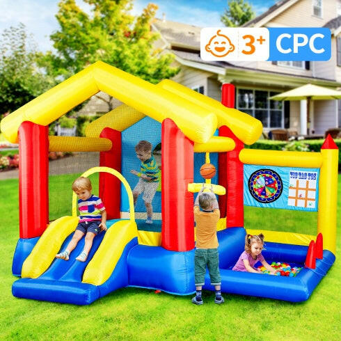 8 In 1 Inflatable Bounce House With Blower Basketball Hoop Ocean Balls Ring-toss Game Target And Sticky Ball Game For Kids.