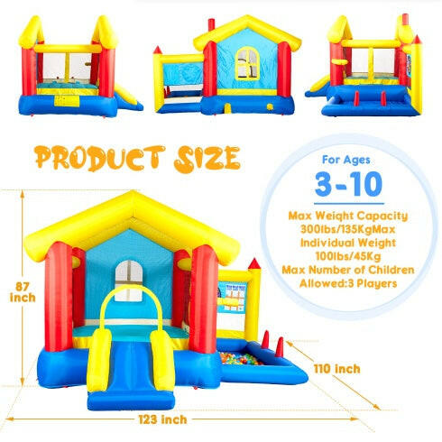 8 In 1 Inflatable Bounce House With Blower Basketball Hoop Ocean Balls Ring-toss Game Target And Sticky Ball Game For Kids.