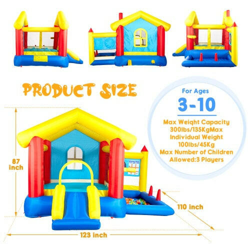 8-in-1 Inflatable Bounce House With Blower Basketball Stand Ocean Ball Throwing Ring Game Target And Sticky Ball Game For Kids.