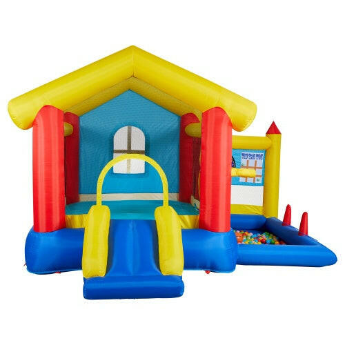 8-in-1 Inflatable Bounce House With Blower Basketball Stand Ocean Ball Throwing Ring Game Target And Sticky Ball Game For Kids.