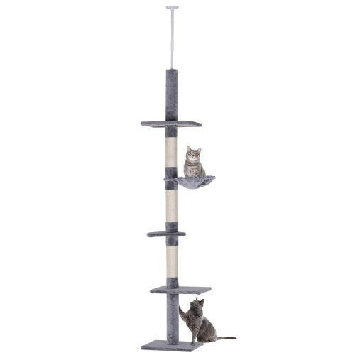 9 Foot Adjustable Height Floor To Ceiling Vertical Cat Tree - Grey And White.