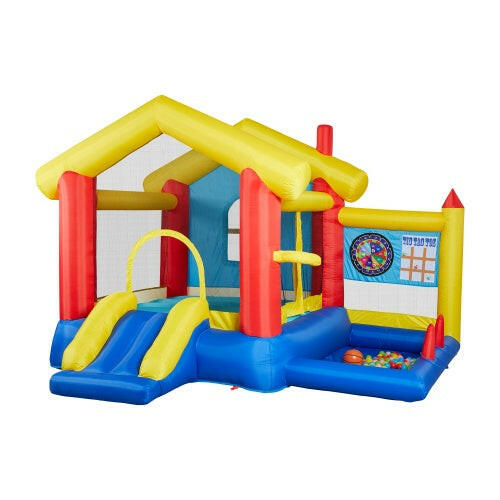 8-in-1 Inflatable Bounce House With Blower Basketball Stand Ocean Ball Throwing Ring Game Target And Sticky Ball Game For Kids.