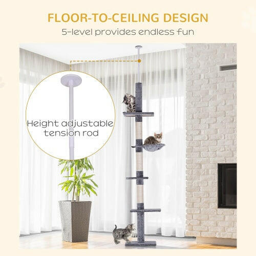 9 Foot Adjustable Height Floor To Ceiling Vertical Cat Tree - Grey And White.