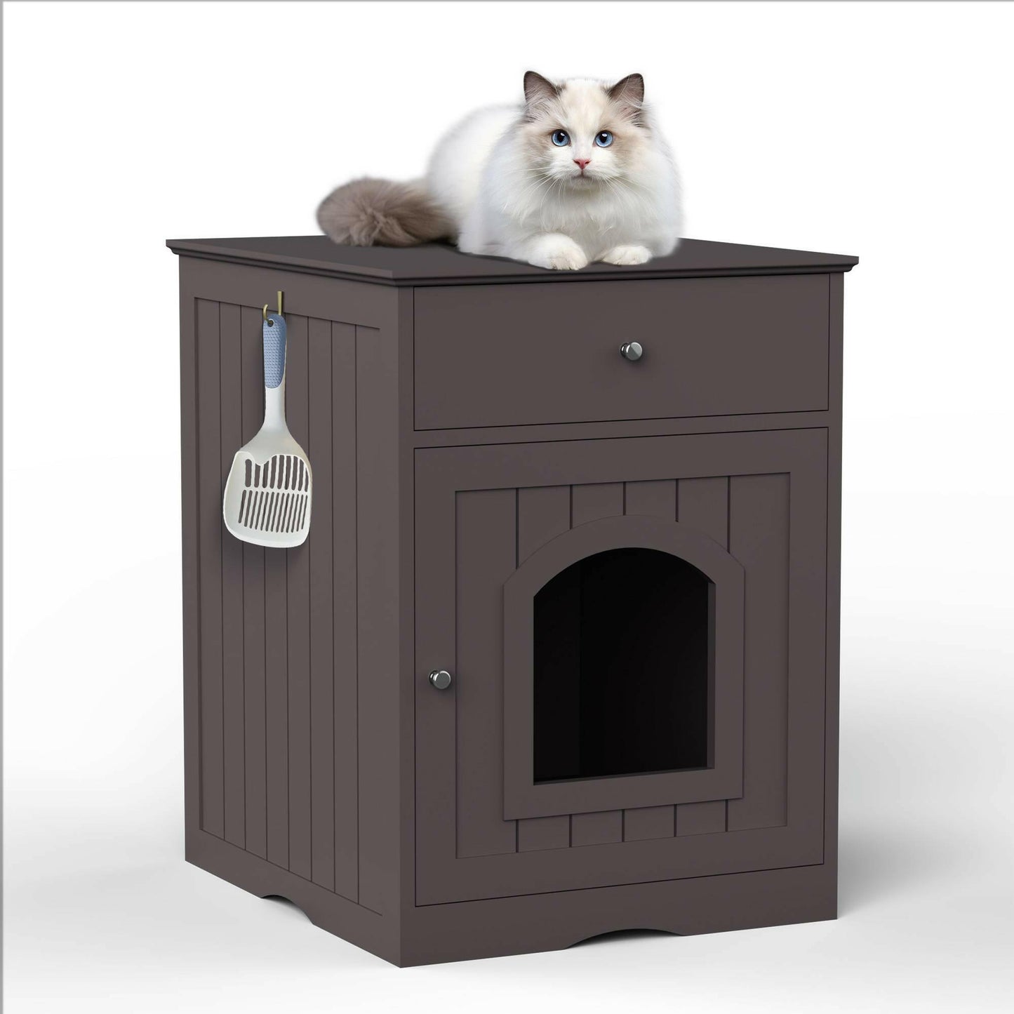 Wooden Pet House Cat Litter Box Enclosure With Drawer, Side Table Indoor Pet Crate.