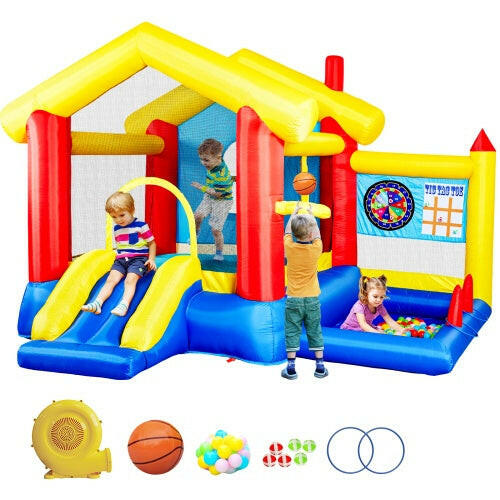 8-in-1 Inflatable Bounce House With Blower Basketball Stand Ocean Ball Throwing Ring Game Target And Sticky Ball Game For Kids.