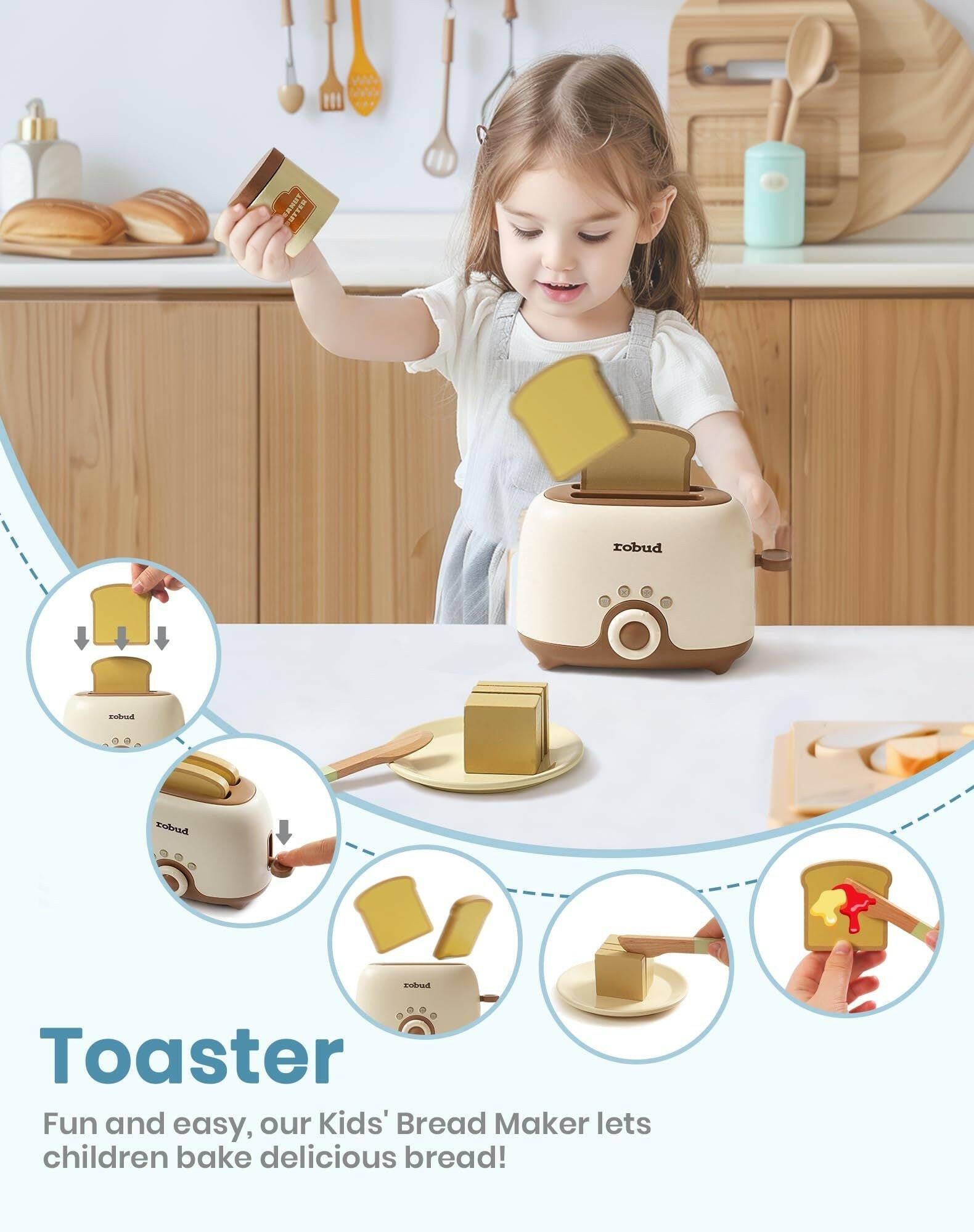 ROBOTIME Wooden Pretend Play Kitchen Playset Food Set With Bread Maker Juicer.