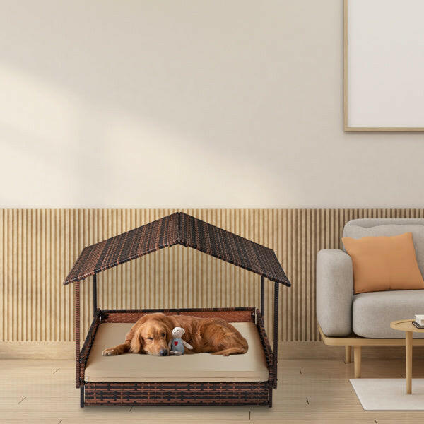 Herringbone Top Brown Gradient Rattan Beige Mat Cat And Dog House.