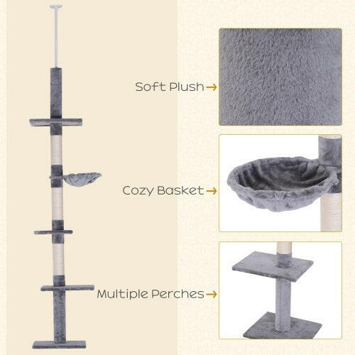 9 Foot Adjustable Height Floor To Ceiling Vertical Cat Tree - Grey And White.