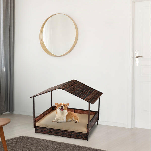 Herringbone Top Brown Gradient Rattan Beige Mat Cat And Dog House.