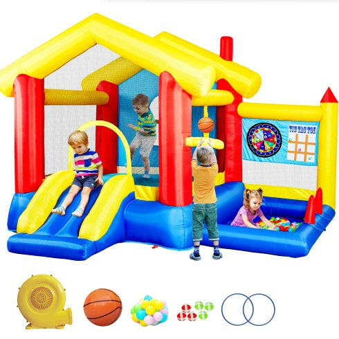 8 In 1 Inflatable Bounce House With Blower Basketball Hoop Ocean Balls Ring-toss Game Target And Sticky Ball Game For Kids.