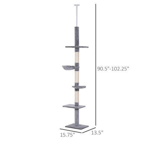 9 Foot Adjustable Height Floor To Ceiling Vertical Cat Tree - Grey And White.