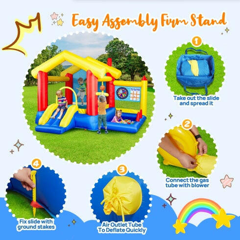 8 In 1 Inflatable Bounce House With Blower Basketball Hoop Ocean Balls Ring-toss Game Target And Sticky Ball Game For Kids.